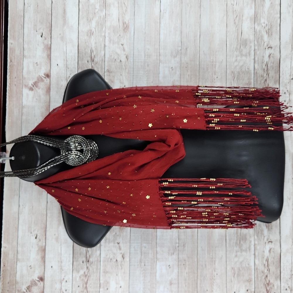 Fashion Scarf, Red with gold hardware and fringes, 70" long.